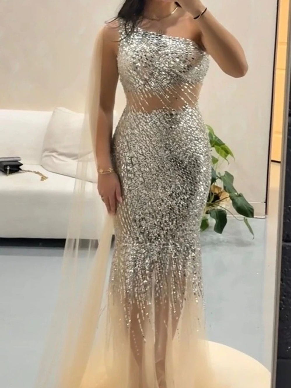 Jovani Beaded One Shoulder Dress with Train